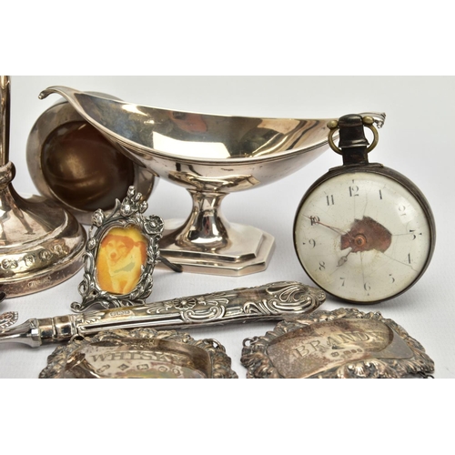 91 - A BOX OF ASSORTED SILVER AND WHITE METAL ITEMS, to include a set of silver salts, hallmarked 'Thomas... 