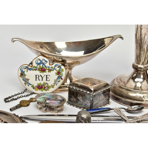 91 - A BOX OF ASSORTED SILVER AND WHITE METAL ITEMS, to include a set of silver salts, hallmarked 'Thomas... 