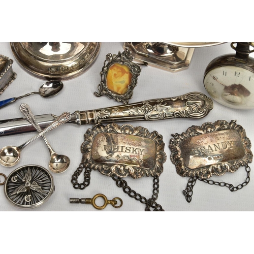 91 - A BOX OF ASSORTED SILVER AND WHITE METAL ITEMS, to include a set of silver salts, hallmarked 'Thomas... 