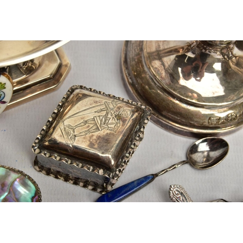 91 - A BOX OF ASSORTED SILVER AND WHITE METAL ITEMS, to include a set of silver salts, hallmarked 'Thomas... 