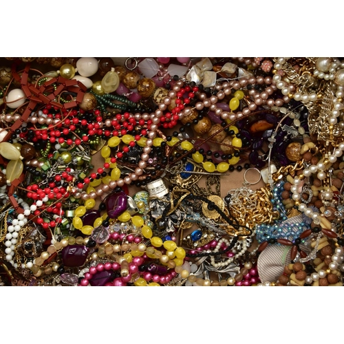 95 - TWO BOXES OF COSTUME JEWELLERY, mostly plastic beaded necklaces, imitation pearl necklaces, bracelet... 