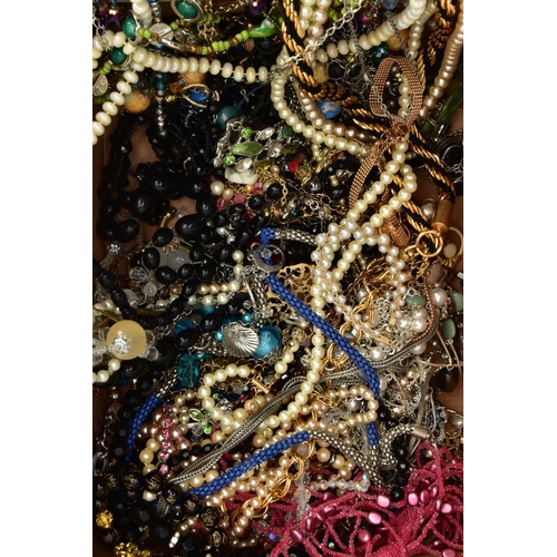 95 - TWO BOXES OF COSTUME JEWELLERY, mostly plastic beaded necklaces, imitation pearl necklaces, bracelet... 