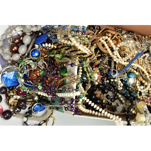 95 - TWO BOXES OF COSTUME JEWELLERY, mostly plastic beaded necklaces, imitation pearl necklaces, bracelet... 