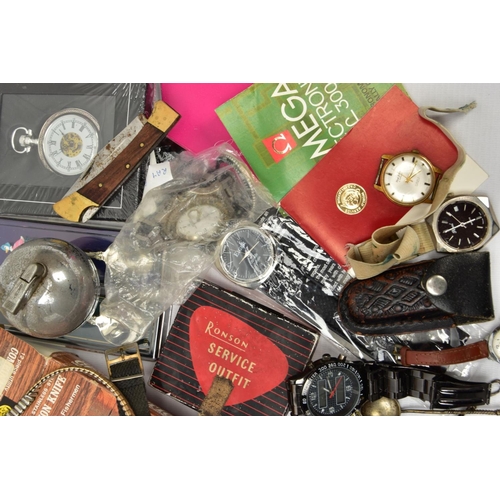 98 - A BOX OF ASSORTED ITEMS, to include various gents wristwatches, with names to include 'Elger, Birfor... 