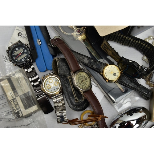 98 - A BOX OF ASSORTED ITEMS, to include various gents wristwatches, with names to include 'Elger, Birfor... 