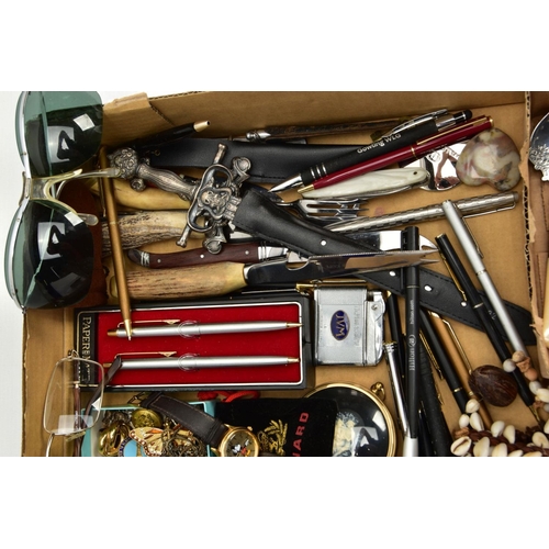 99 - A BOX OF ASSORTED ITEMS, to include a silver and mother of pearl bread fork, hallmarked 'Robert Prin... 