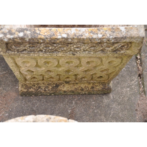 1206 - A SET OF FOUR COMPOSITE SQUARE TAPPERED PLANTERS, all stamped Cotswold studio, with decorated sides,... 