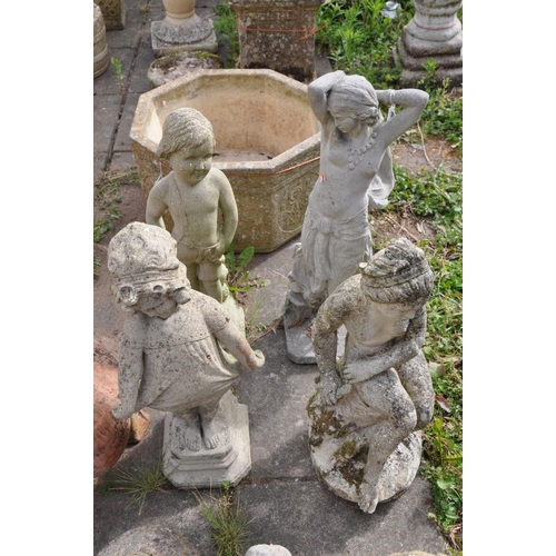 1209 - A SELECTION OF COMPOSITE GARDEN FIGURES, to include a standing semi clad female (some losses and cra... 