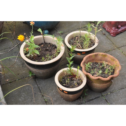 1227 - TWO PAIRS OF RATTAN EFFECT SQUARE TAPERED PLANT POTS, along with three small glazed plant pots, and ... 