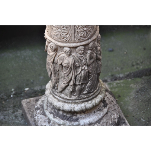 1230 - A COMPOSITE BIRD BATH, on a pattered Corinthian column support with religious figures to bottom half... 