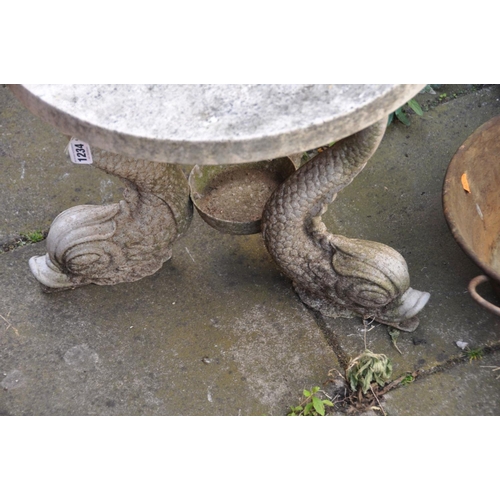 1234 - A MARBLE TOP GARDEN TABLE, on a triple legged base with mythical creatures, diameter 51cm x height 4... 