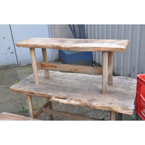 1238 - A RUSTIC LIVE EDGE GARDEN TABLE, length 124cm x depth 65cm x height 72cm, and two sized benches, max... 