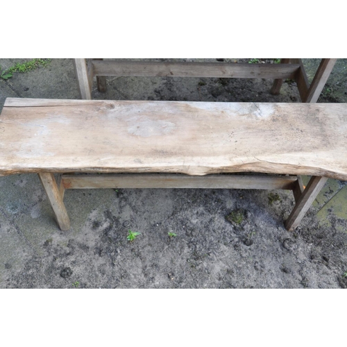 1238 - A RUSTIC LIVE EDGE GARDEN TABLE, length 124cm x depth 65cm x height 72cm, and two sized benches, max... 