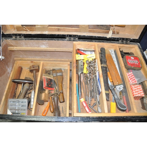 1288 - A BESPOKE WOODEN TOOL CHEST, with three sliding trays, width 81cm x depth 44cm x height 51cm, contai... 