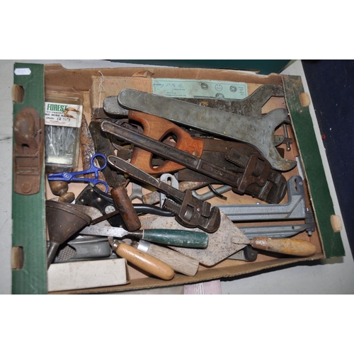 1290 - TWO TRAYS CONTAINING A SELECTION OF VINTAGE HAND TOOLS, to include spanners, saws, a Record 18 Still... 