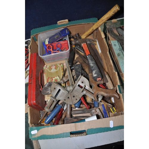 1290 - TWO TRAYS CONTAINING A SELECTION OF VINTAGE HAND TOOLS, to include spanners, saws, a Record 18 Still... 