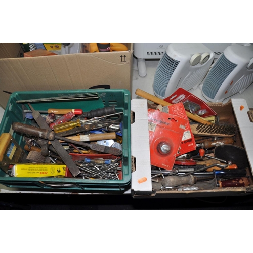 1295 - TWO BOXES CONTAINING A SELECTION OF VINTAGE HAND TOOLS, to include drill bits, hammers, pliers, file... 