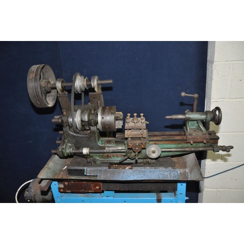 1303 - A VINTAGE MYFORD METAL WORKING LATHE with a 17in bed, belt drive by motor on separate frame, fitted ... 