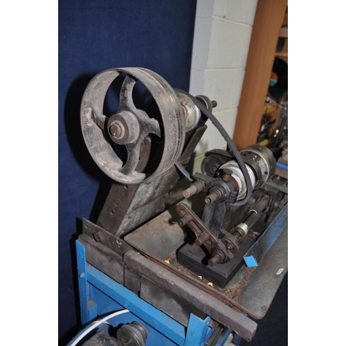 1303 - A VINTAGE MYFORD METAL WORKING LATHE with a 17in bed, belt drive by motor on separate frame, fitted ... 