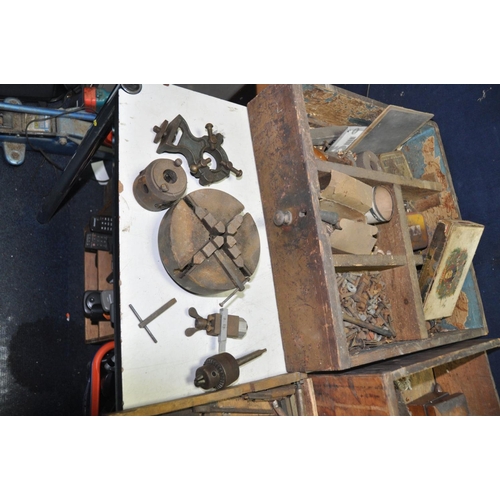 1303 - A VINTAGE MYFORD METAL WORKING LATHE with a 17in bed, belt drive by motor on separate frame, fitted ... 