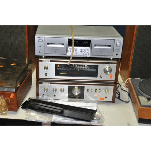 1304 - A GOLDRING LENCO GL75 TRANSCRIPTION TURNTABLE (no lid, needle and drive working), a vintage Sony TA ... 