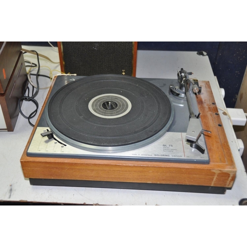 1304 - A GOLDRING LENCO GL75 TRANSCRIPTION TURNTABLE (no lid, needle and drive working), a vintage Sony TA ... 