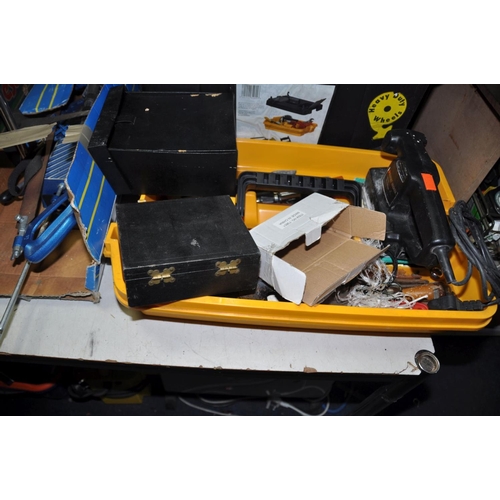 1305 - A TOOLBOX AND THREE TRAYS CONTAINING TOOLS including a Black and Decker Sander, a Bestway's pump, va... 