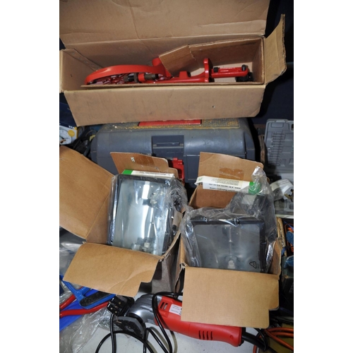 1306 - A TOOLBOX, STEP BOX AND A TRAY CONTAINING TOOLS including a an Einhell 18v drill with one battery an... 