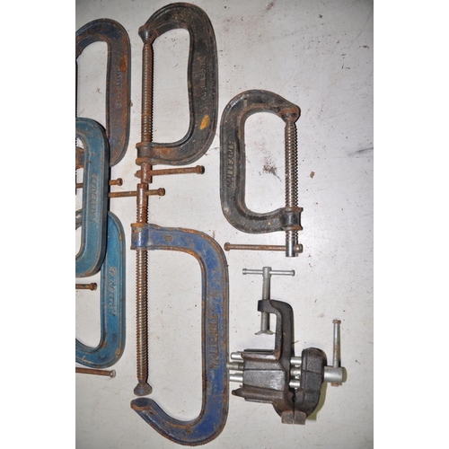 1329 - SIX VARIOUS MALLEABLE G-CLAMPS comprising a No8, No4, No231/6, three No6 and a small unbranded vice ... 