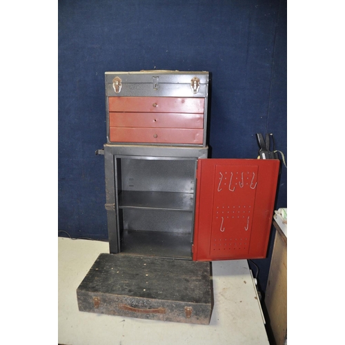 1336 - A METAL STORAGE CABINET/TOOLBOX comprising a three draw top box with opening lid above a single door... 