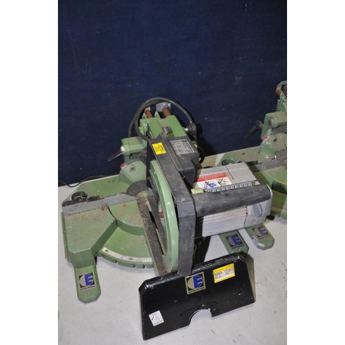 1338 - TWO ELECTRA BECKUM KGS300 sliding cross cut mitre saws (no blades and side panel loose and missing s... 