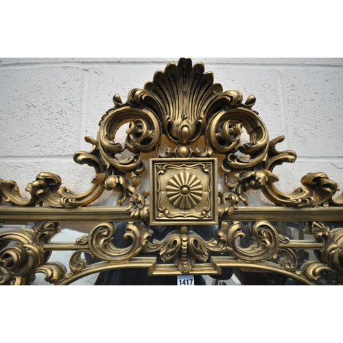 1417 - A LARGE RECTANGULAR GILT WOOD FRENCH WALL MIRROR, with carved foliate surmount and decoration, width... 