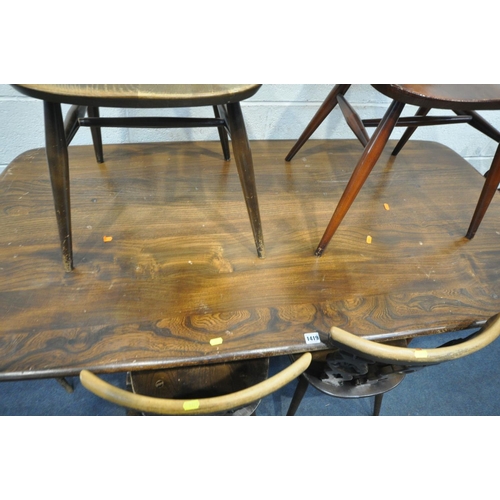 1419 - AN ERCOL RECTANGULAR BEECH AND ELM DINING TABLE, length 153cm x depth 76cm x height 72cm, along with... 