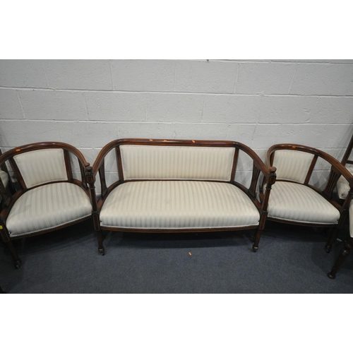 1420 - AN EDWARDIAN MAHOGANY SEVEN PIECE PAROLUR SUITE, comprising a sofa with open armrests, length 122cm ... 