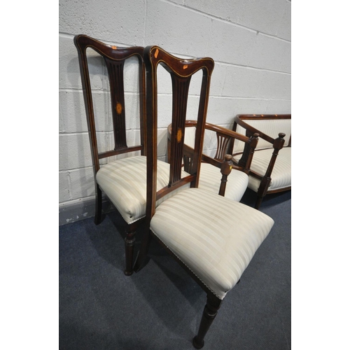 1420 - AN EDWARDIAN MAHOGANY SEVEN PIECE PAROLUR SUITE, comprising a sofa with open armrests, length 122cm ... 