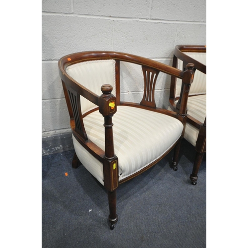 1420 - AN EDWARDIAN MAHOGANY SEVEN PIECE PAROLUR SUITE, comprising a sofa with open armrests, length 122cm ... 