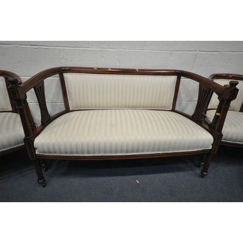 1420 - AN EDWARDIAN MAHOGANY SEVEN PIECE PAROLUR SUITE, comprising a sofa with open armrests, length 122cm ... 