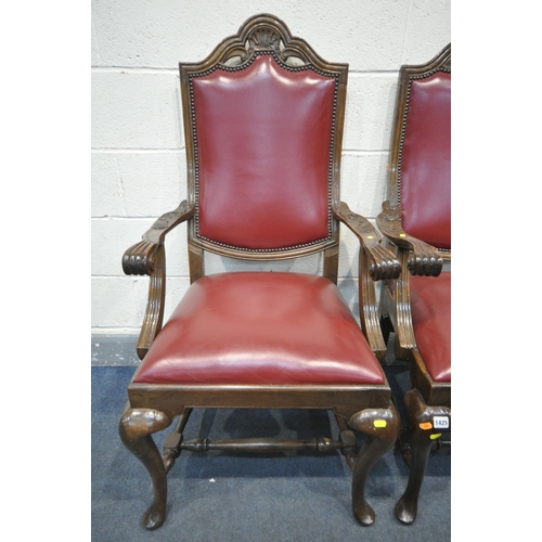 1425 - A PAIR OF REPRODUCTION VICTORIAN STYLE CARVER CHAIRS, with red leather upholstery, carved open armre... 