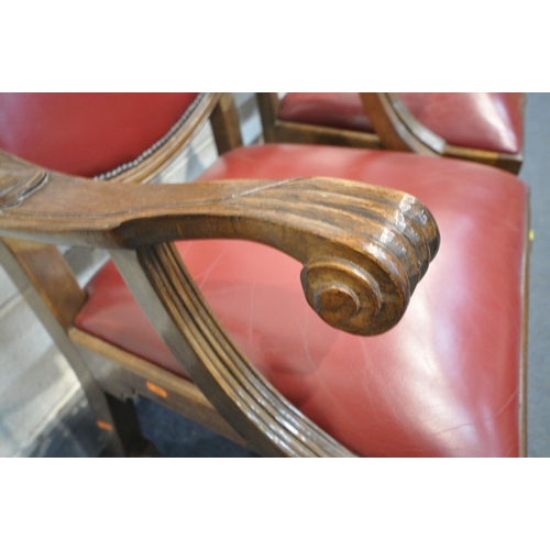 1425 - A PAIR OF REPRODUCTION VICTORIAN STYLE CARVER CHAIRS, with red leather upholstery, carved open armre... 