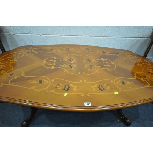 1427 - AN ITALIAN STYLE WALNUT AND INLAID OVAL COFFEE TABLE, length 128cm x depth 85cm x height 51cm, along... 