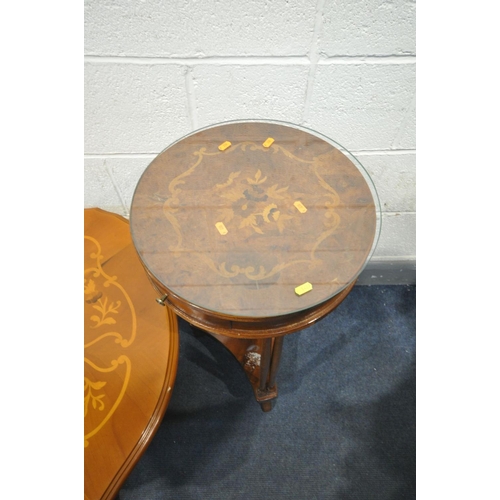 1427 - AN ITALIAN STYLE WALNUT AND INLAID OVAL COFFEE TABLE, length 128cm x depth 85cm x height 51cm, along... 