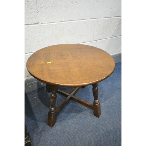 1428 - AN OAK COFFEE/NEST OF THREE TABLES (sun bleached) an oak circular occasional table, and a distressed... 