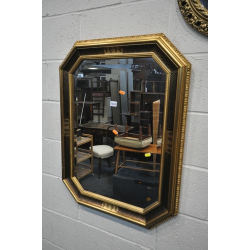 1434 - A FRENCH STYLE GILT FRAMED BEVELLED EDGE WALL MIRROR, 86cm x 66cm, and three other wall mirrors (4)