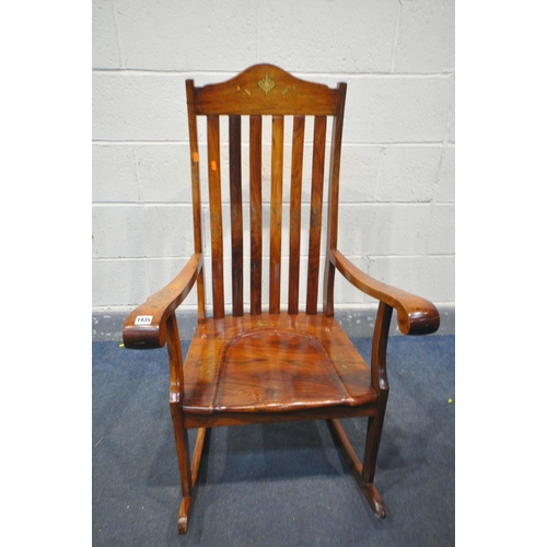 1435 - A MID TO LATE 20TH CENTURY HARDWOOD AND BRASS INLAID ROCKING CHAIR