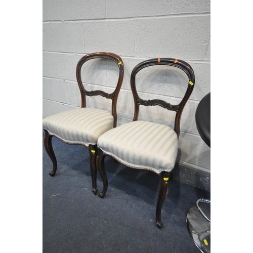 1442 - A PAIR OF VICTORIAN ROSEWOOD DINING CHAIRS (some repairs to back) along with a black leatherette swi... 