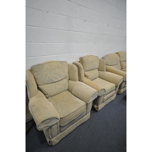 1443 - A BEIGE UPHOLSTERED LOUNGE SUITE, comprising a two seater sofa, length 198cm, a pair of armchairs, a... 