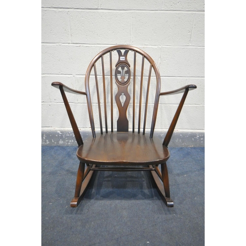 1448 - AN ERCOL PRINCE OF WALES BACK ROCKING CHAIR with open armrests (condition:-missing original seat pad... 