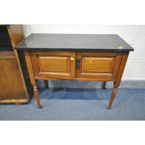 1451 - AN EDWARDIAN WALNUT MARBLE TOP WASHSTAND, and an oak bookcase, width 100cm x depth 30cm x height 92c... 