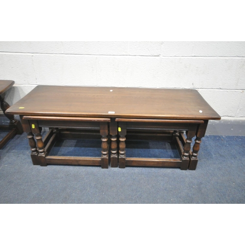 1456 - A SOLID  OAK COFFEE/NEST OF THREE TABLES, width 106cm x depth 44cm x height 42cm, along with a simil... 