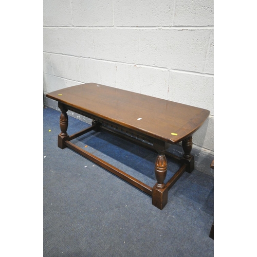 1456 - A SOLID  OAK COFFEE/NEST OF THREE TABLES, width 106cm x depth 44cm x height 42cm, along with a simil... 